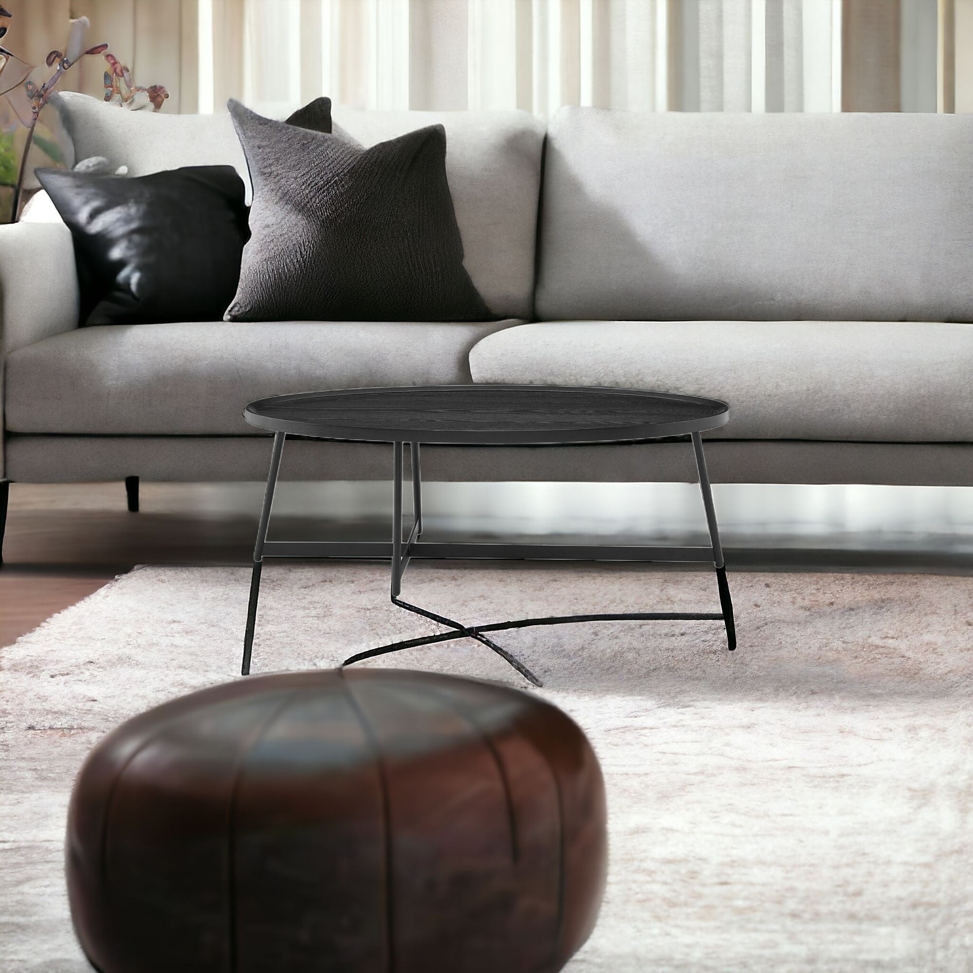 47" Black Wood And Metal Oval Frame Coffee Table