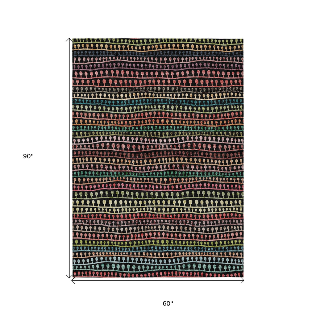 5' X 8' Black Green And Gold Striped Washable Indoor Outdoor Area Rug-2