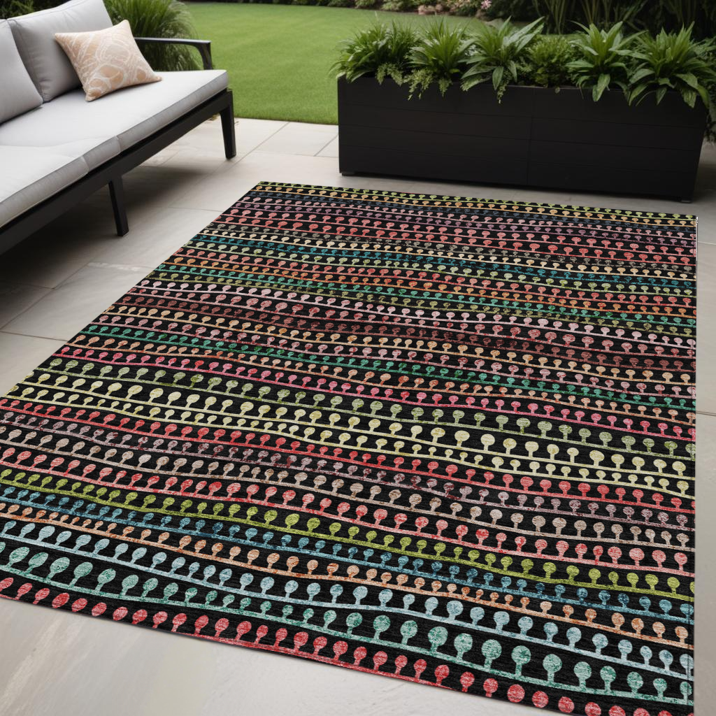 5' X 8' Black Green And Gold Striped Washable Indoor Outdoor Area Rug-0