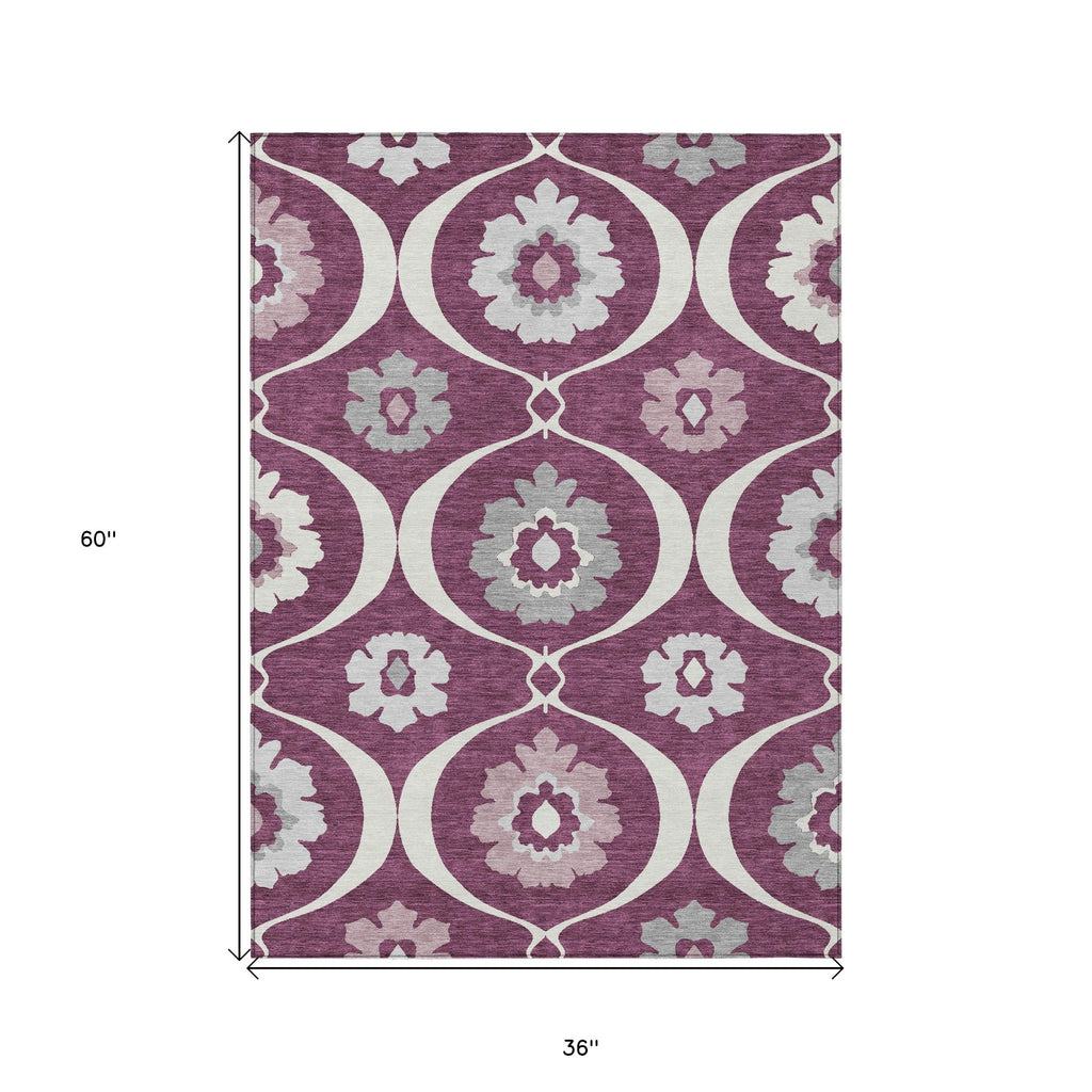 3' X 5' Eggplant Ivory And Gray Medallion Washable Indoor Outdoor Area Rug