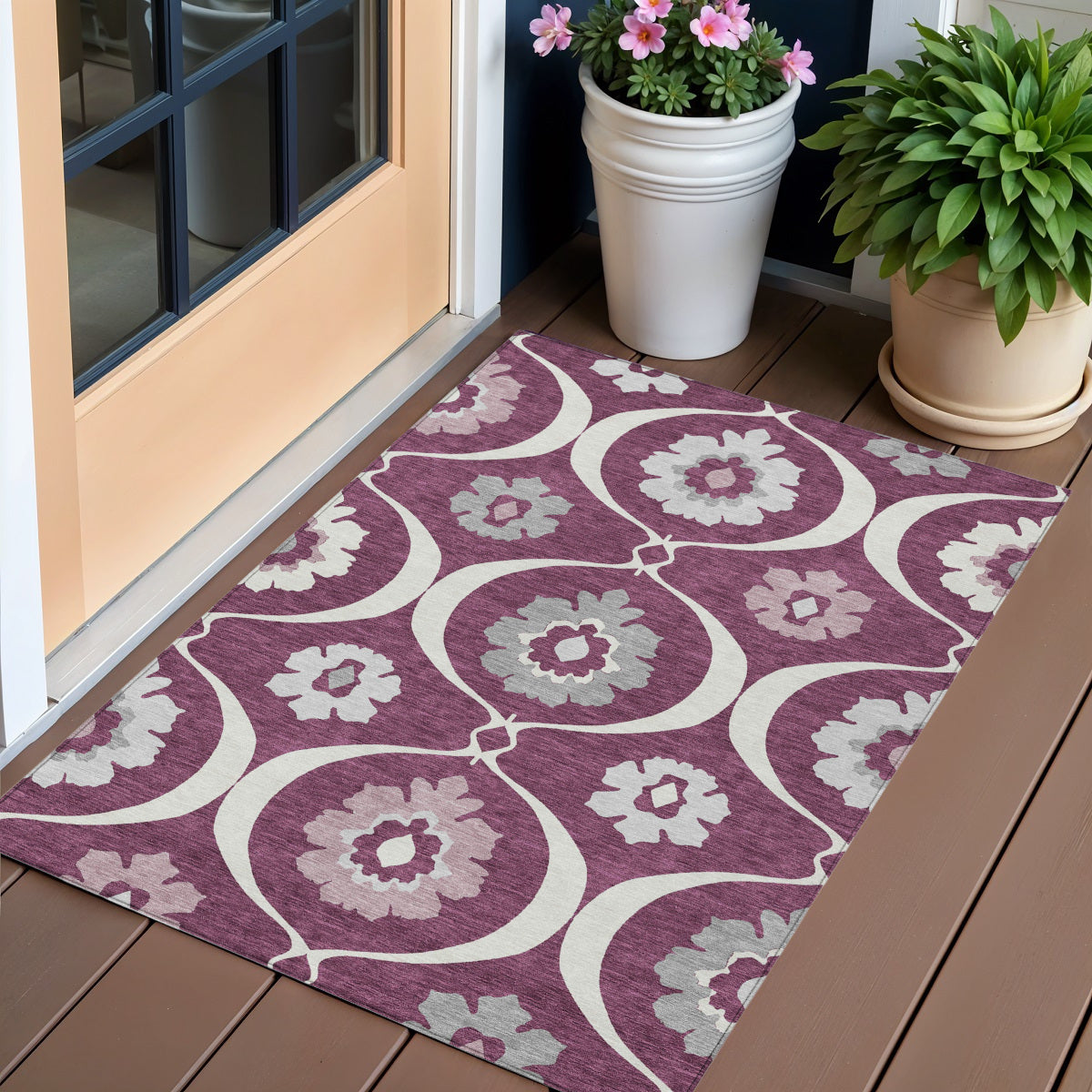 3' X 5' Eggplant Ivory And Gray Medallion Washable Indoor Outdoor Area Rug