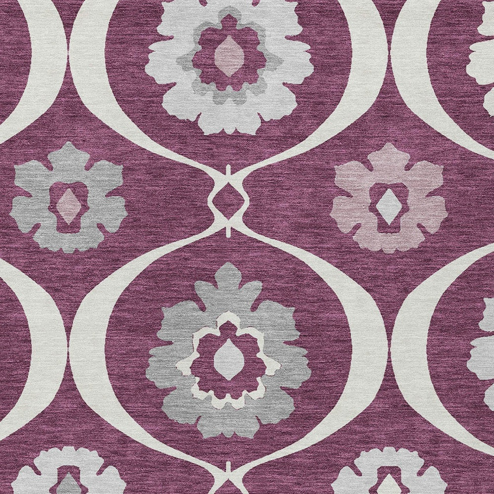 3' X 5' Eggplant Ivory And Gray Medallion Washable Indoor Outdoor Area Rug