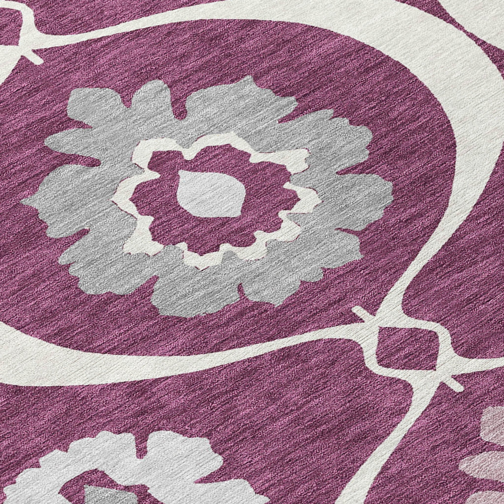 3' X 5' Eggplant Ivory And Gray Medallion Washable Indoor Outdoor Area Rug