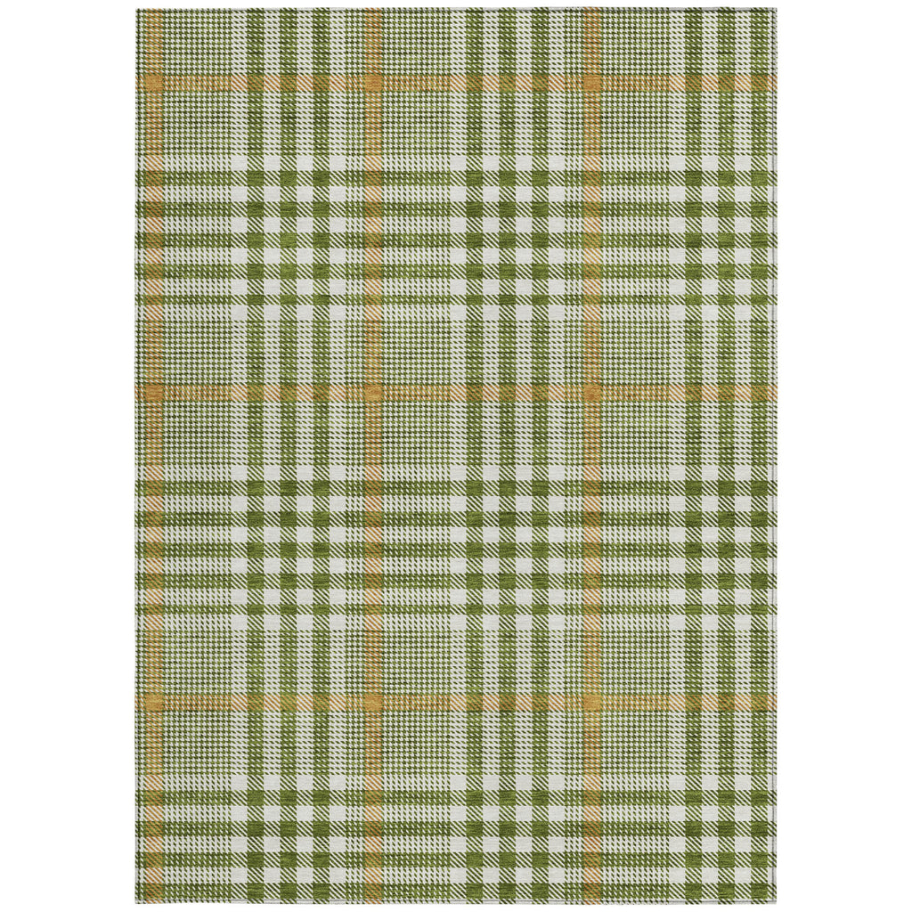 8' X 10' Olive Green Brown And Ivory Plaid Washable Indoor Outdoor Area Rug