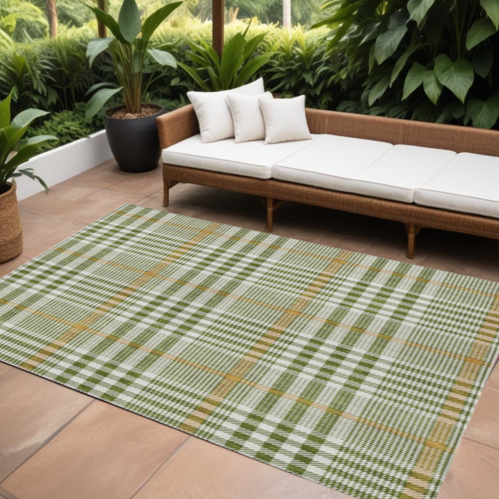 8' X 10' Olive Green Brown And Ivory Plaid Washable Indoor Outdoor Area Rug