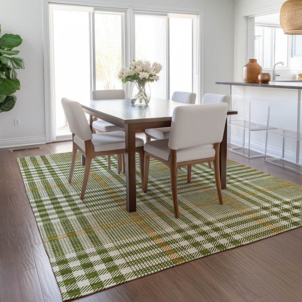 8' X 10' Olive Green Brown And Ivory Plaid Washable Indoor Outdoor Area Rug