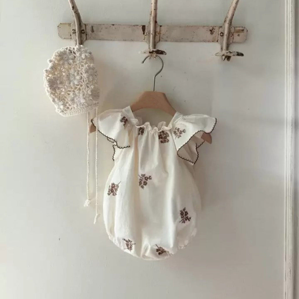 Summer Hot Selling Baby Kids Girls Fly Sleeves Flowers Pattern Embroidered Princess Onesies